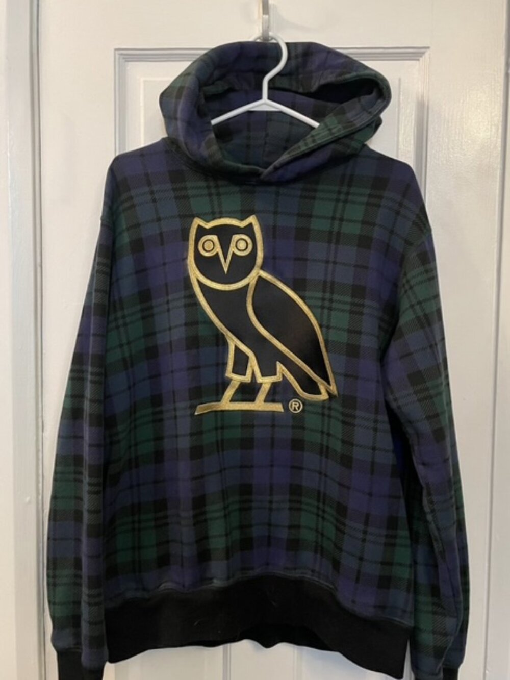 OVO Men's Tartan Embroidered Owl Hoodie 2017 Blue/Green Size Large